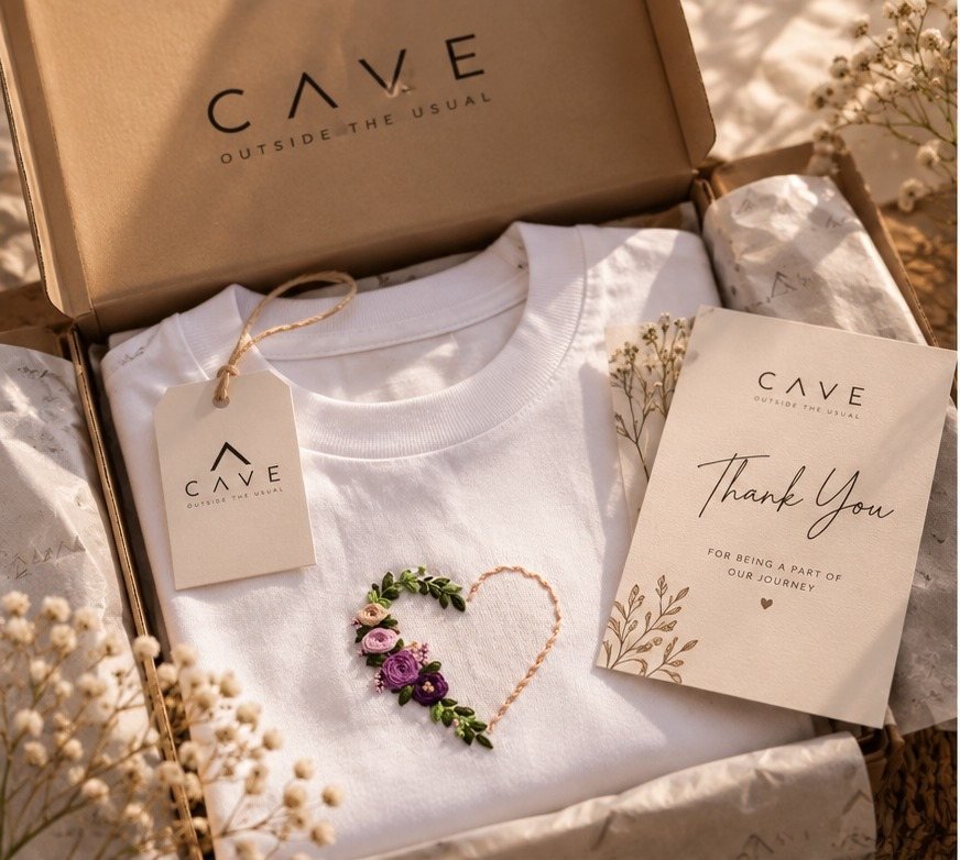 Open CAVE box with an embroidered tee, swing tag and thank you card