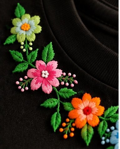 Bright hand embroidered wildflowers on black cotton